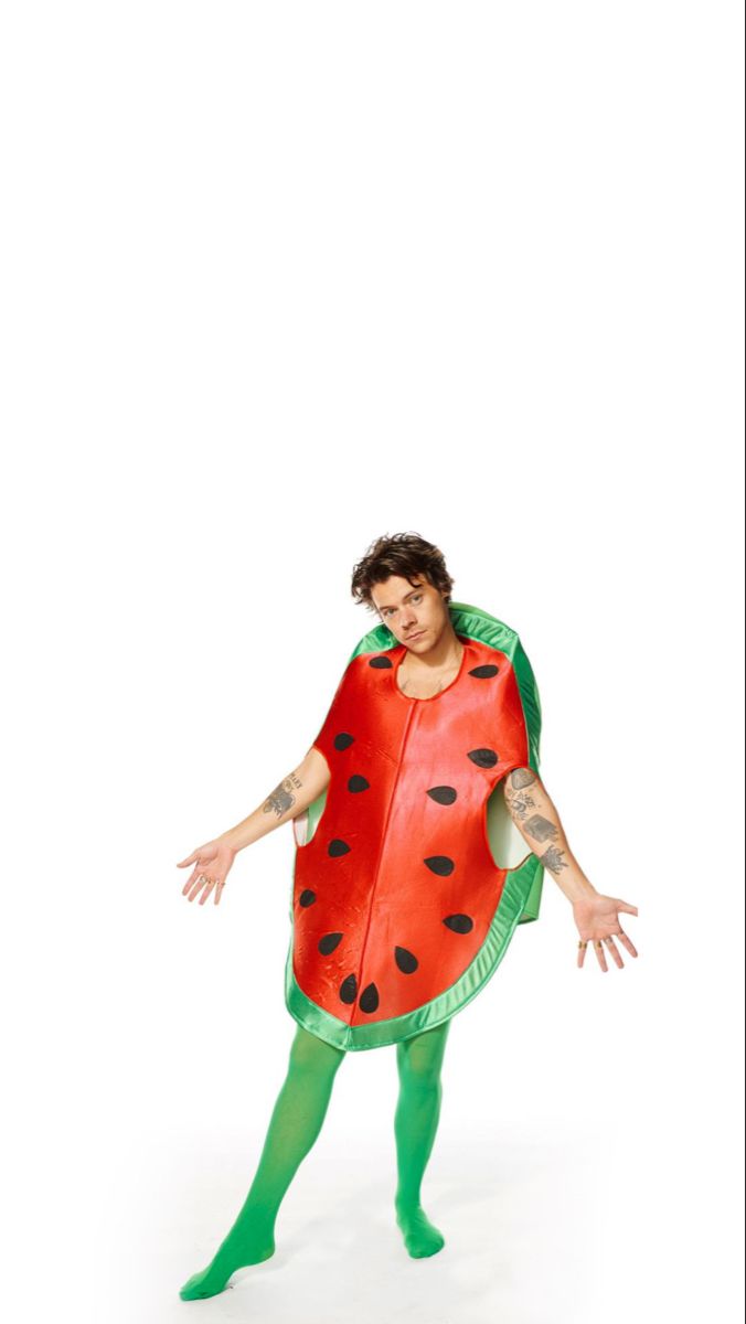 a man dressed as a ladybug standing in front of a white background