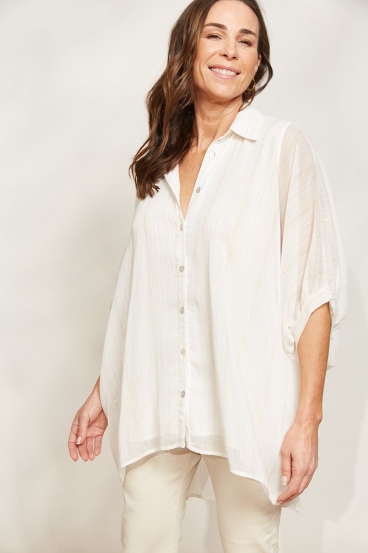 Sereno Relaxed Shirt - Pearl - eb&ive Clothing - Shirt L/S One Size Beach Shirt With Rolled Sleeves And Relaxed Fit, Relaxed Fit Shirt With Rolled Sleeves For Beach, Beach Tops With Rolled Sleeves And Relaxed Fit, Relaxed Fit Tops With Rolled Sleeves For Beach, Vacation Top With Rolled Sleeves And Relaxed Fit, Summer Tops With Relaxed Fit For Daywear, Versatile White Top For Vacation, Versatile White Tops For Vacation, Versatile Oversized Tops For Beach