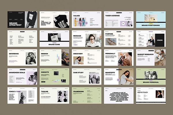 a large number of different presentation slides on a gray background with black and white images