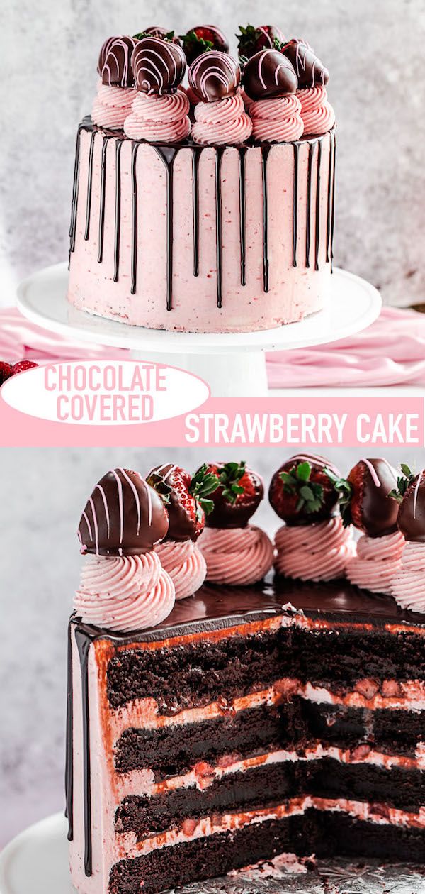 two different types of cakes with chocolate covered strawberries on top and strawberry cake below