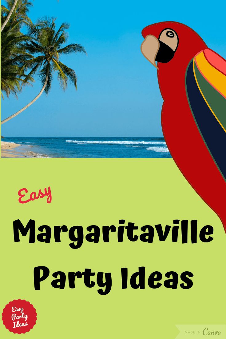 a red parrot sitting on top of a palm tree next to the ocean with text that reads easy margaritaville party ideas