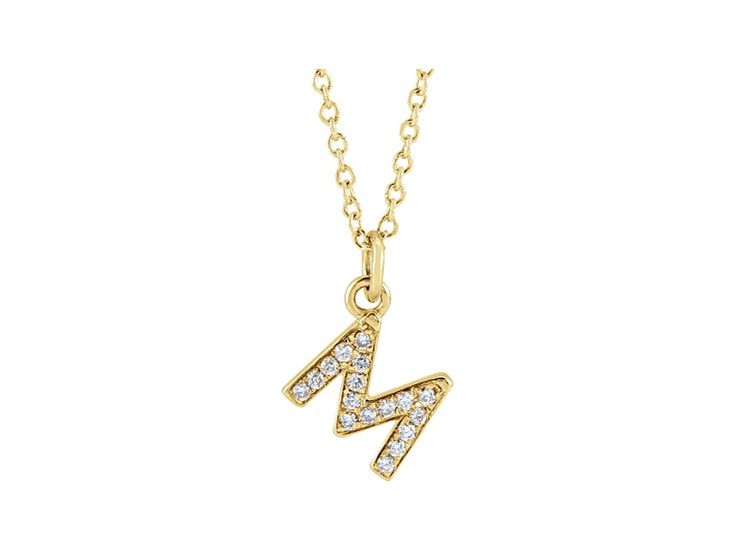 diamond petite initial 14k yellow gold pendant with adjustable 16-18 inch 14k yellow gold chain. Yellow Gold Diamond Initial Pendant Necklace, Diamond Initial Pendant Necklace With Adjustable Chain, Luxury Yellow Gold Initial Necklace With Adjustable Chain, Yellow Gold Initial Pendant Charm Necklace With Diamond Accents, Yellow Gold Pendant Initial Necklace With Diamond Accents, Yellow Gold Charm Necklace With Diamond Initial Pendant, Yellow Gold Charm Necklace With Diamond Accents, M Initial, Pendant With Chain