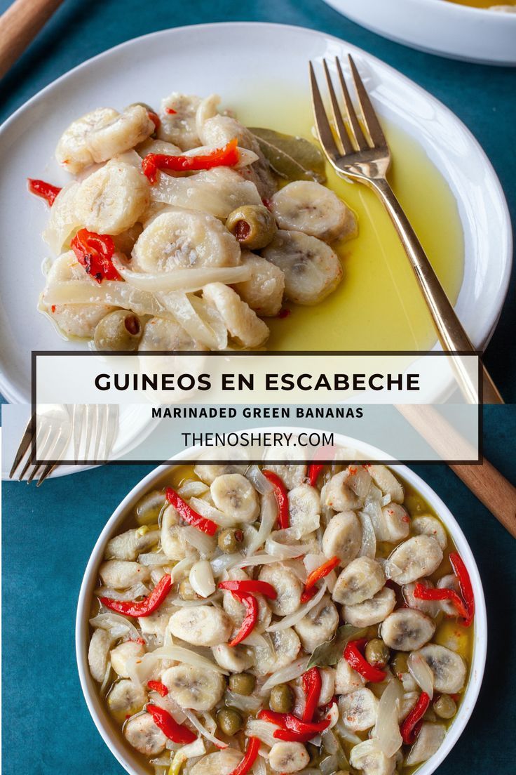 two plates filled with food on top of a blue table covered in green beans and red peppers