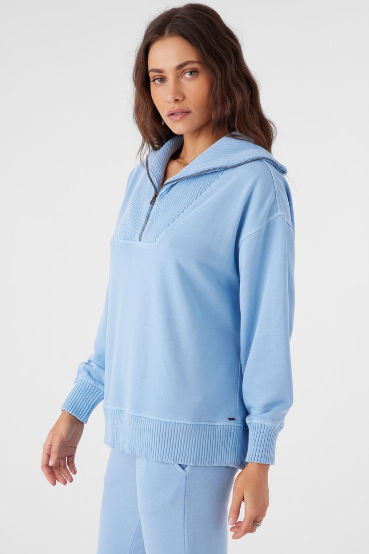 Cozy up in this quarter-zip sweater. It features a super-soft french terry design, mock neck detail and solid color wash. O'Neill Women's quarter-zip sweater Regular length Mock neck and yoke Soft french terry feel Solid color wash 80% Cotton, 20% Polyester French Terry | O'Neill Women's Karma French Terry Half Zip Pullover in Chambray, Size XL, French Terry/Polyester Casual Half-zip Sweats For Loungewear, Relaxed Fit Half-zip Sweatshirt For Loungewear, Half-zip Loungewear Hoodie, Fall Loungewear Half-zip Tops, Cozy Half-zip Hoodie For Loungewear, Half-zip Sweater With Ribbed Cuffs For Loungewear, Winter Half-zip Loungewear Tops, Half-zip Sweats For Winter Loungewear, Relaxed Fit Fleece Half-zip Top