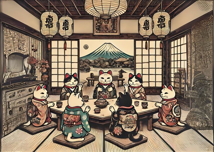 three cats sitting at a table with tea cups