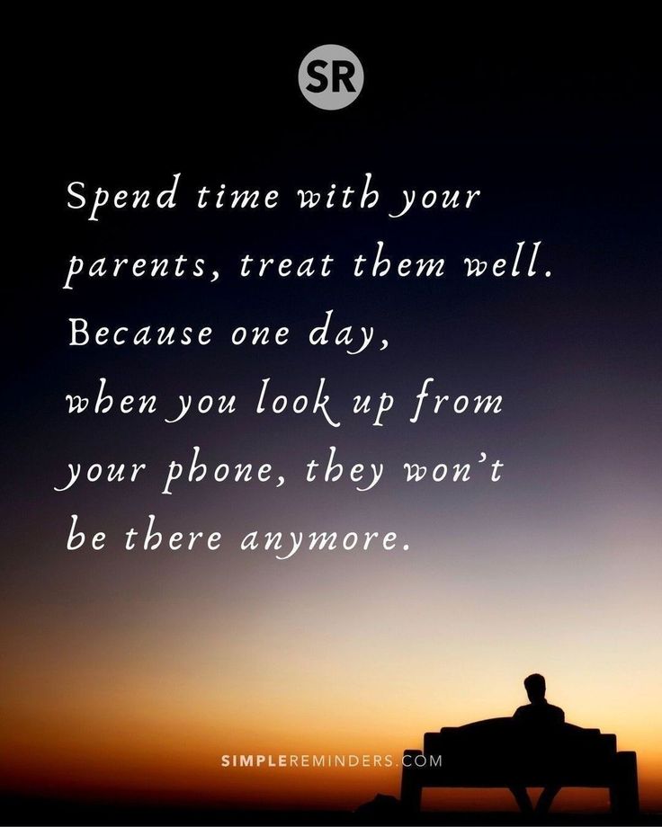 a man sitting on top of a bench in front of a sunset with the words spend time with your parents, treat them well because one day when you look up from your phone