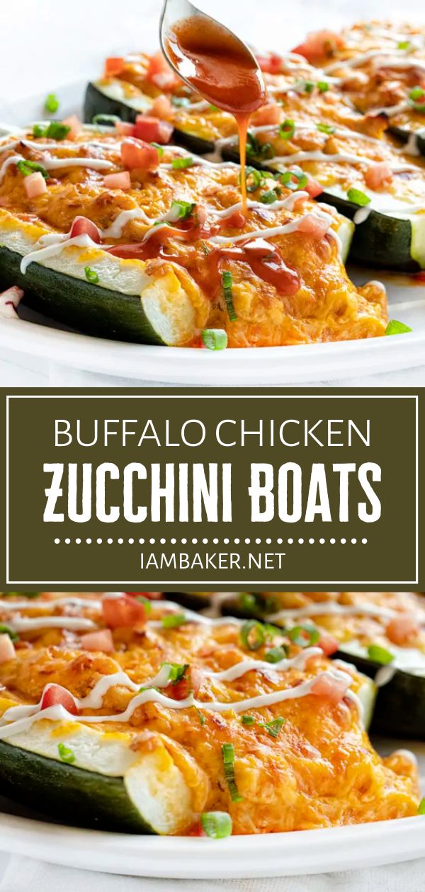 a plate with zucchini boats and sauce being drizzled on top