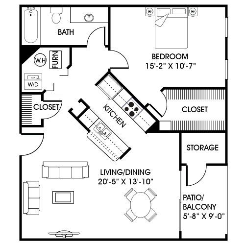 the floor plan for a two bedroom, one bathroom apartment with an attached kitchen and living room