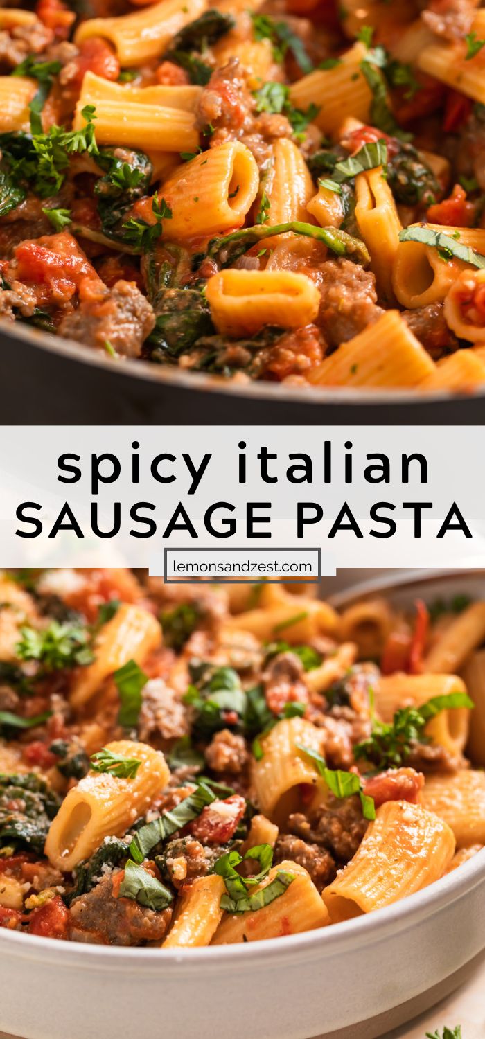 this is an italian sausage pasta with spinach and tomatoes in a skillet, ready to be eaten