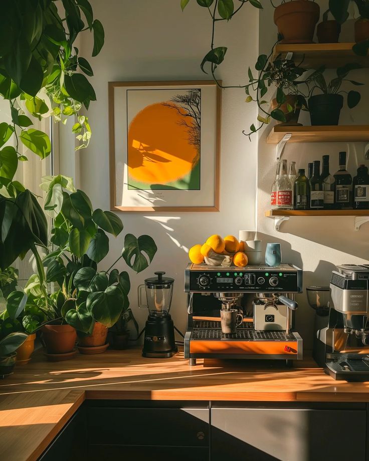 a coffee machine sitting on top of a wooden counter next to plants and potted plants