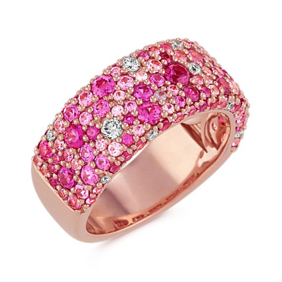 Pink Sapphire and Diamond Ring in Rose Gold | Shane Co. Pink Sapphire Multi-stone Ring With Diamond, Pink Multi-stone Sapphire Ring With Diamond, Pink Multi-stone Sapphire Diamond Ring, Pink Diamond Multi-stone Jewelry, Pink Multi-stone Sapphire Ring In Fine Jewelry Style, Pink Multi-stone Sapphire Ring, Fine Jewelry, Luxury Pink Diamond Ring With Pink Sapphire, Dazzling Pink Ruby Gemstone Ring, Luxury Pink Multi-stone Ruby Ring