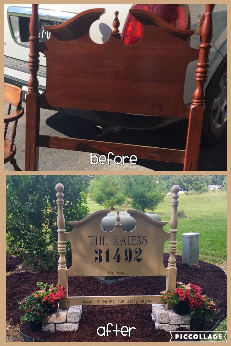 before and after photos of a bed frame with flowers in the planters on each side