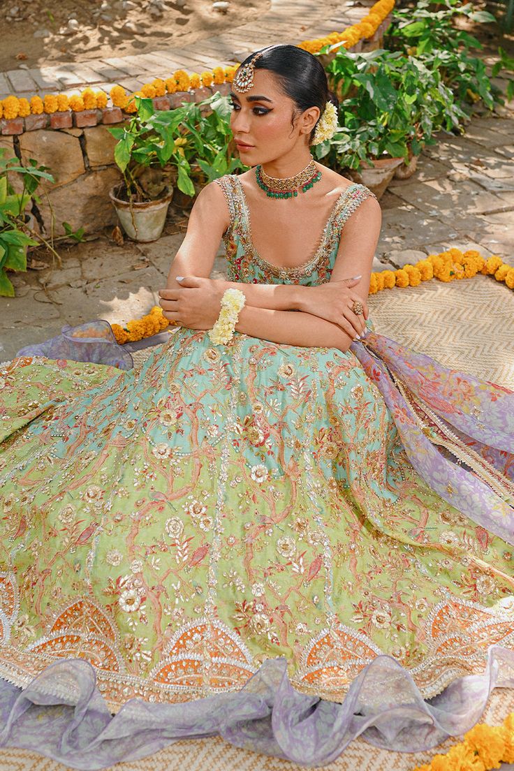 Kimaya – Sania Maskatiya International Green Raw Silk Anarkali Set With Gota Work, Green Traditional Wear With Gota Work In Tissue Silk, Pista Green Tissue Silk Anarkali Set With Gota Work, Green Raw Silk Anarkali Set For Designer Wear, Green Raw Silk Traditional Wear With Sheer Dupatta, Designer Green Raw Silk Anarkali Set, Green Tissue Silk Salwar Kameez With Gota Work, Green Salwar Kameez With Gota Work In Tissue Silk, Designer Green Raw Silk Sharara