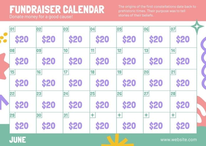 the fundraiser calendar is shown in purple and green