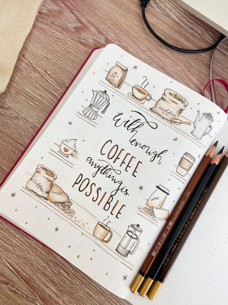 a notebook with writing on it next to two pencils and a cup of coffee