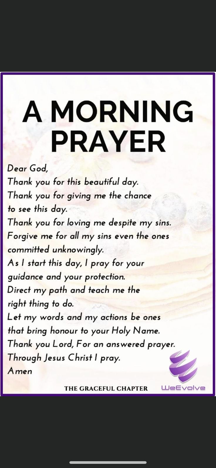 a poem written in purple and white with the words'a morning prayer'on it