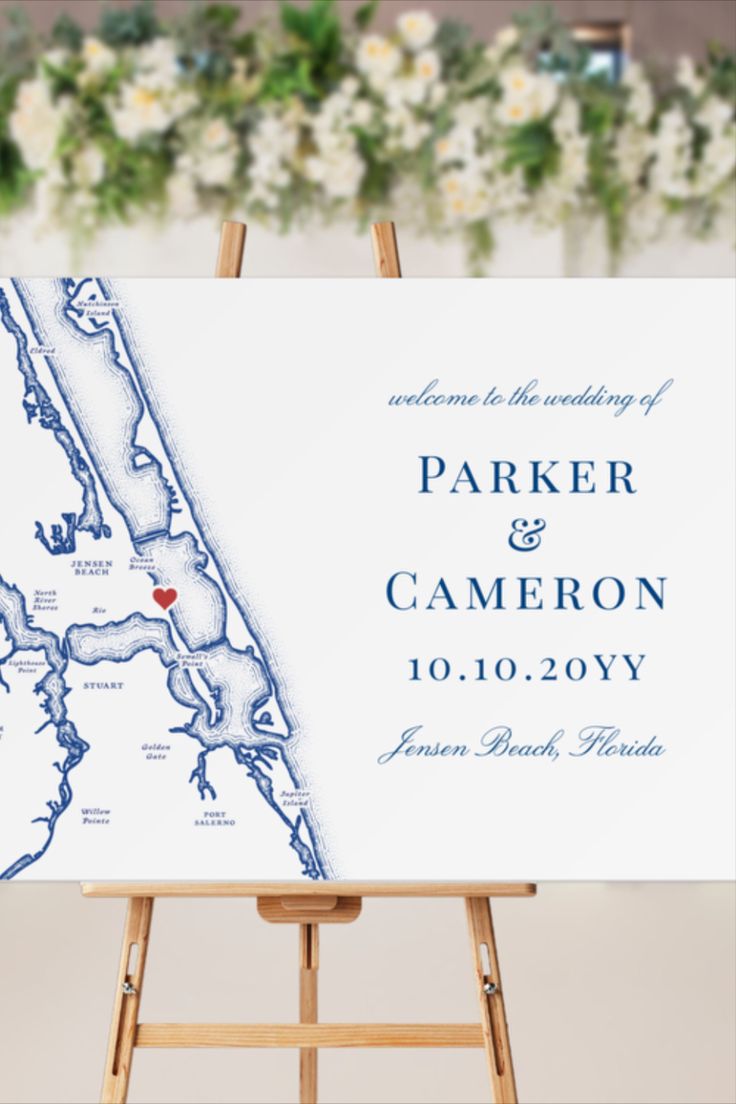 an easel with a map on it that says parker and cameron 10 / 10 / 20