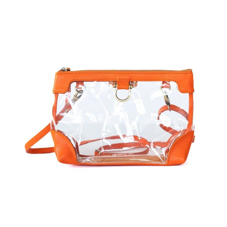 Sharon Clear Crossbody - Orange Oil Leather | Sapahn. Clear Satchel Bag For Travel, Daily Use Crossbody Bag With Clear Strap, Clear Pvc Bags For Daily Use, Daily Use Clear Pvc Bags, Clear Crossbody Bag With Adjustable Strap, Clear Shoulder Bag With Removable Pouch, Clear Shoulder Bag With Transparent Straps, Clear Travel Bag With Removable Pouch, Travel Shoulder Bag With Transparent Straps