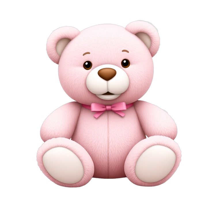 a pink teddy bear with a bow on its head and eyes, sitting in front of a white background