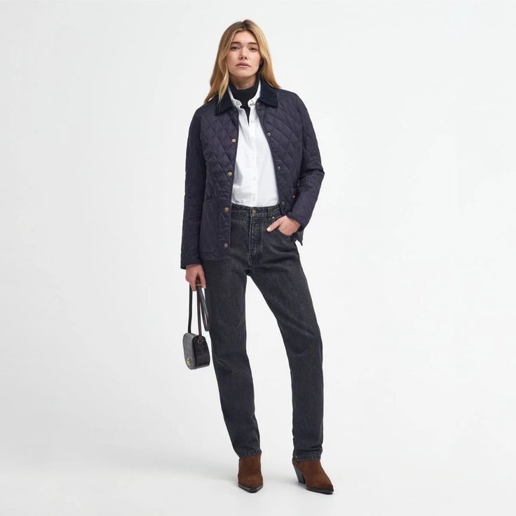 Barbour Annadale Women's Quilted Jacket | Navy⁠ Barbour's Annandale is a contemporary women's quilted jacket with a feminine silhouette. Features include two hand pockets, a small internal zipped pocket and an embroidered logo on the pocket flap. A sit-down corduroy collar and diamond-quilted outer create the signature Barbour look.⁠ ⁠ Features:⁠ Two external hand pockets.⁠ One internal zipped pocket.⁠ Barbour branded press studs.⁠ Barbour embroidered logo to the pocket flap.⁠ ⁠ Material:⁠ Ou... Barbour Women, Womens Quilted Jacket, Barbour Jacket, Feminine Silhouette, Diamond Quilt, Press Studs, Quilted Jacket, Two Hands, Zip Pockets