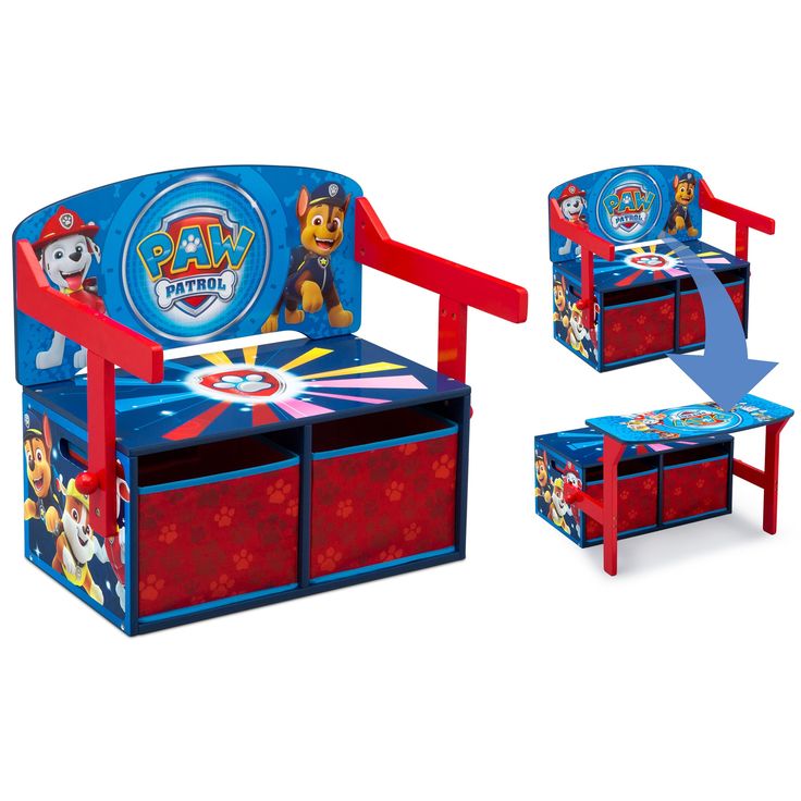 the paw patrol children's chair and ottoman is shown with matching storage bins