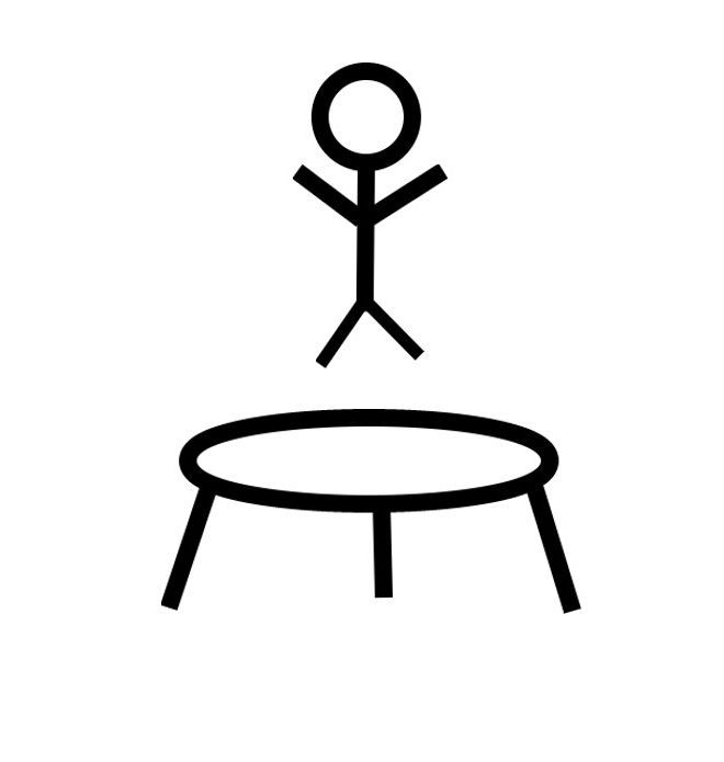 a black and white drawing of a person jumping over a trampoline on top of it