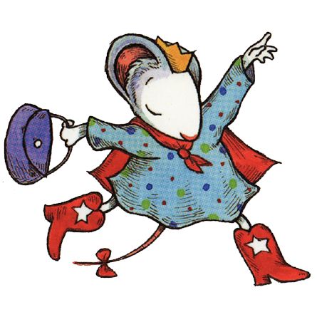 a drawing of a mouse wearing a blue dress and holding a red hat with one hand