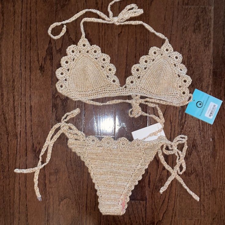 Nwt Plumeria Swimwear Exuma Bikini In Gold Shimmer -Crochet. Large Top And Small Bottom. Crochet Swimwear For Beach Party In Beach Season, Crochet Swimwear For Beachwear At The Pool, Crochet Swimwear For Beach Party During Beach Season, Crochet Swimwear For Beach Season Sunbathing, Crochet Swimwear For Poolside Vacation, Crochet Swimwear For Beach Party, Beachwear Crochet Swimwear For Vacation, Crochet Swimwear For Beachwear Vacation, Crochet Swimwear For Sunbathing