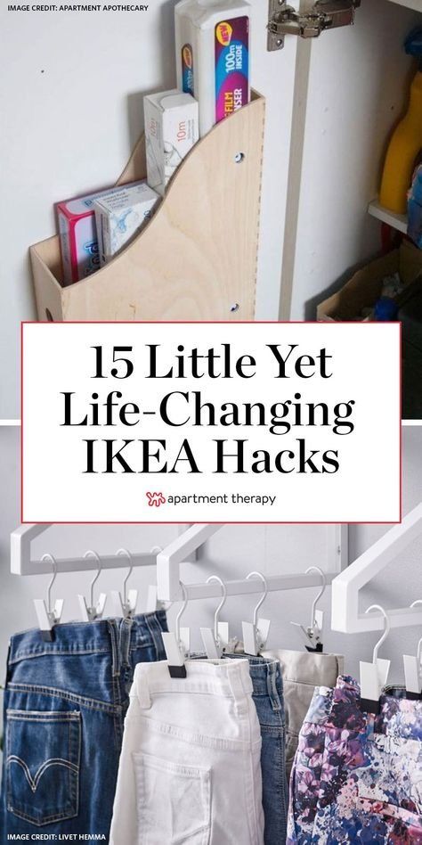 clothes hanging on hooks in front of a closet with the title 15 little yet life - changing ikea hacks