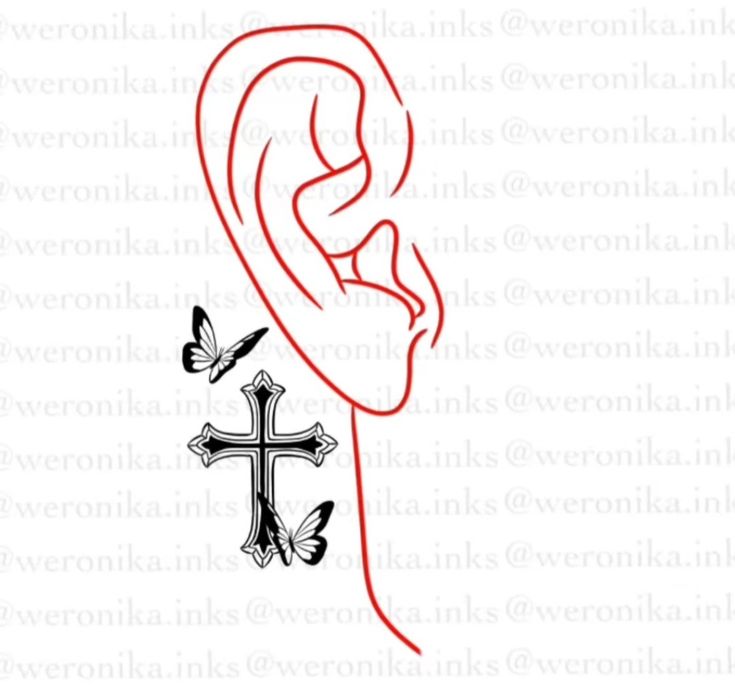 an ear with a cross on it and two birds flying around the area, in red ink