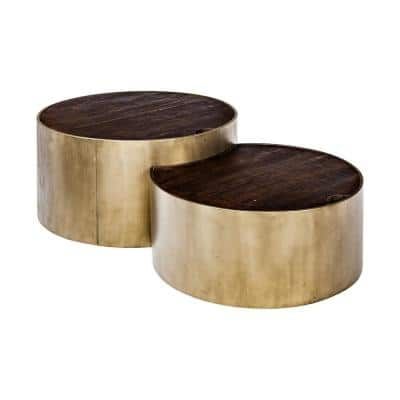 two round wooden tables with metal bases