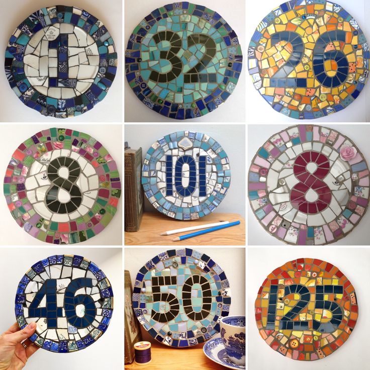 several pictures of different plates with numbers on them