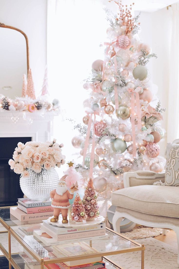 a white christmas tree decorated with pink and silver ornaments