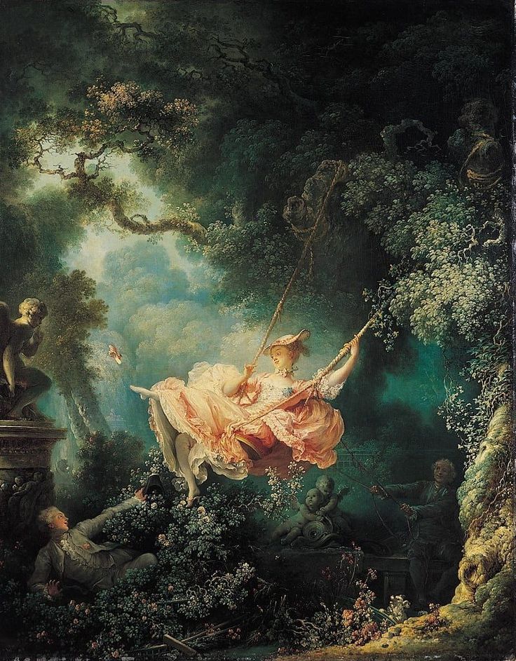 a painting of a woman in a pink dress swinging on a swing with other people around her