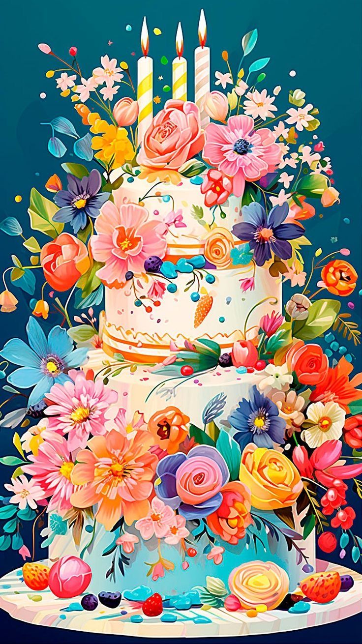 a painting of a cake with flowers and candles on it's tiers, in front of a blue background