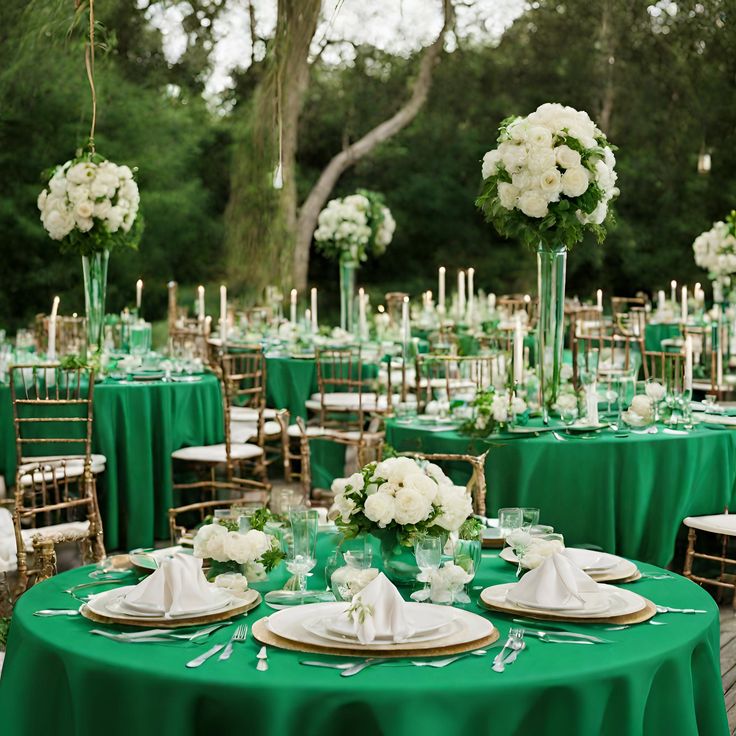 the tables are set with green linens and white flowers