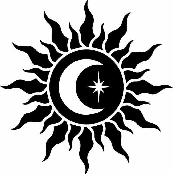 a black and white sun with a star in the middle