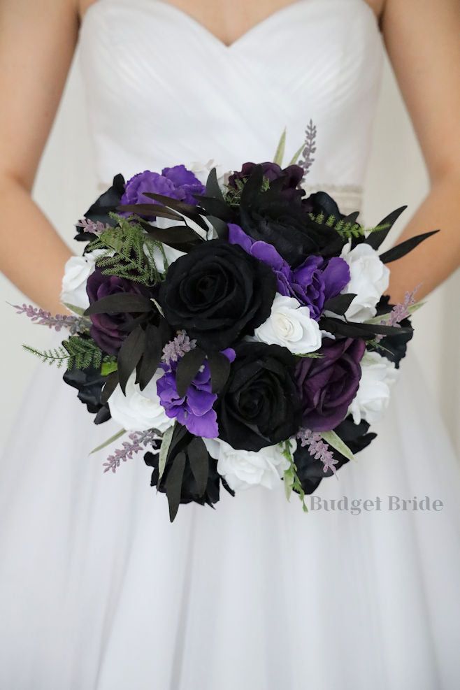 a bridal holding a purple and white bouquet