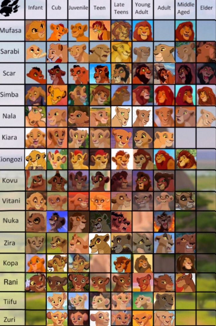 the lion king character chart from disney's animated movie