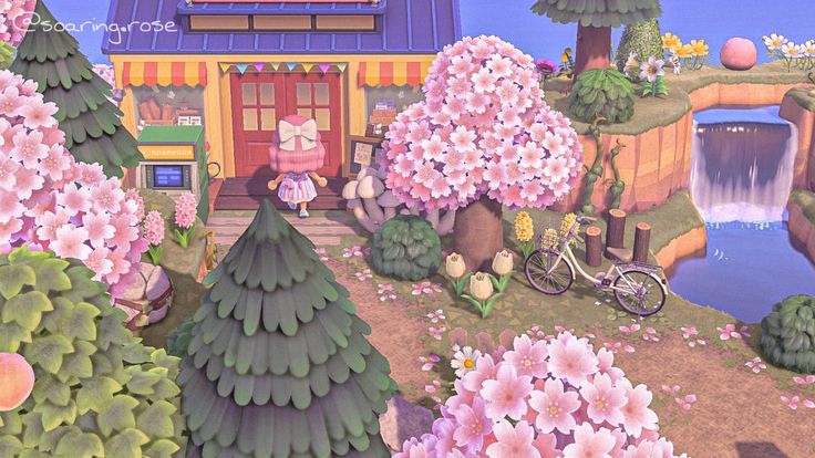 Nook's Cranny tucked inbetween the terraforming on an Animal Crossing New Horizons island set in Cherry Blossom season. Acnh Fairycore Nooks Cranny, Acnh Nook Cranny Ideas Fairycore, Fairycore Nooks Cranny Acnh, Acnh Springcore Island, Acnh Nooks Cranny Design Ideas, Acnh Nook Cranny Ideas, Nooks Cranny Ideas, Fairycore Island, Acnh Springcore