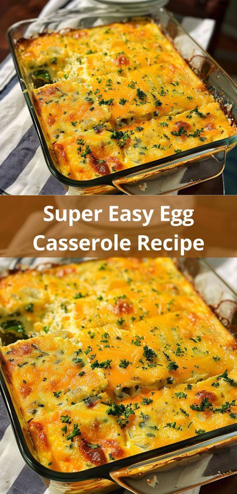 two pictures of an egg casserole in a glass dish with cheese and herbs