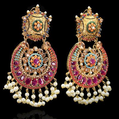 Fusion Style Chandbali Pearl Earrings With Meenakari, Elegant Danglers With Stone Work For Reception, Elegant Bridal Chandbali Meenakari Earrings, Fusion Style Chandbali Bridal Earrings With Pearl Drop, Fusion Chandbali Bridal Earrings With Pearl Drop, Chandbali Pearl Drop Danglers For Reception, Fusion Chandbali Pearl Drop Bridal Earrings, Elegant Heavy Pearl Earrings For Festive Occasions, Elegant Multicolor Danglers With Intricate Design