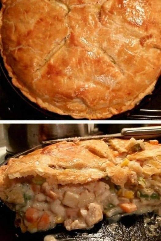 two pictures side by side one shows a pie and the other shows a chicken pot pie