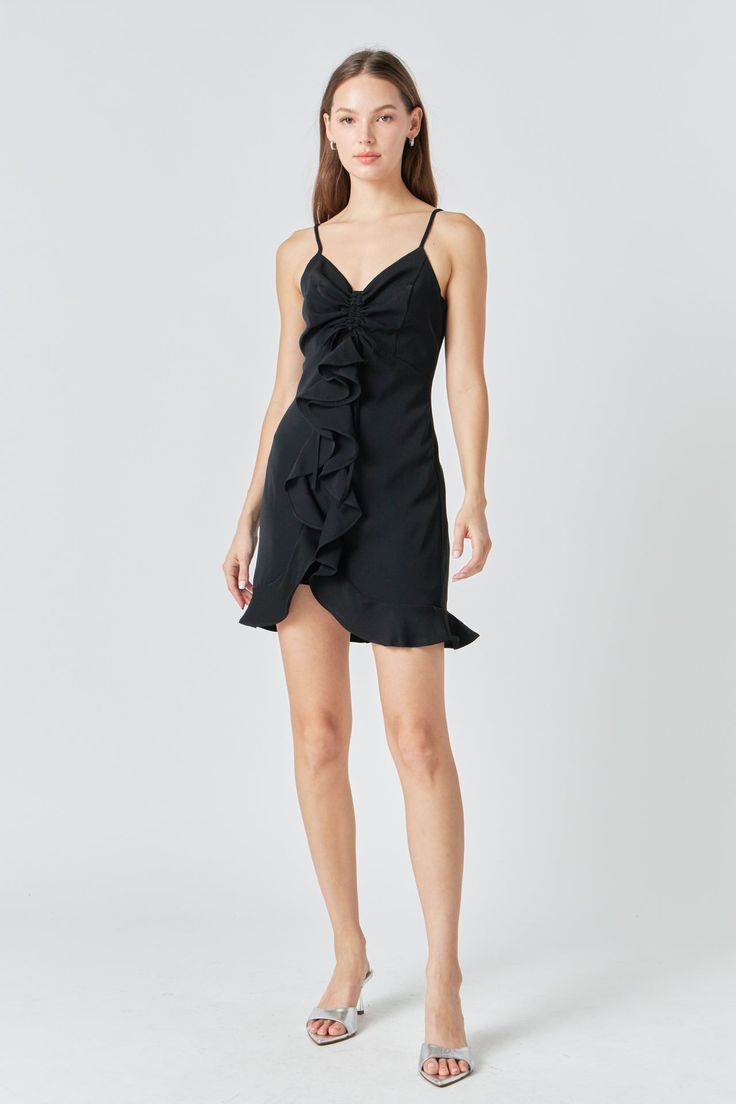 This Ruffled Mini Dress is perfect for dressing up or down. The little black dress is always a classic, and with the ruffle detail, it's given a fresh update. The flowy fabric makes it comfortable to wear, and it can be dressed up or down for any occasion. Ruffle detail Tie detail Sleeveless Mini length Shell: 97% Polyester 3% Spandex Lining: 100% Polyester TL189D Total length: 33.50" Bust: 32" XS BLACK: Height 5'9" / Bust 30.5" / Waist 24" / Hips 34.5" Flirty Ruffle Dress With Ruffled Straps And Hem, Flirty Ruffle Dress With Ruffled Straps, Black Fitted Dress With Ruffled Straps, Cocktail Mini Dress With Ruffle Hem And Straps, Cocktail Mini Dress With Ruffled Straps And Details, Ruffled Straps Mini Dress For Night Out, Ruffled Mini Dress For Night Out, Black Dress With Ruffled Straps, Black Mini Dress With Ruffled Straps For Party