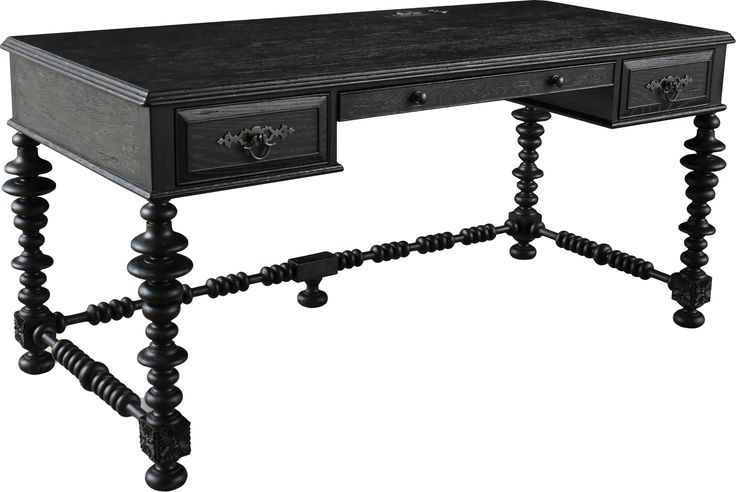 a black desk with two drawers and three legs