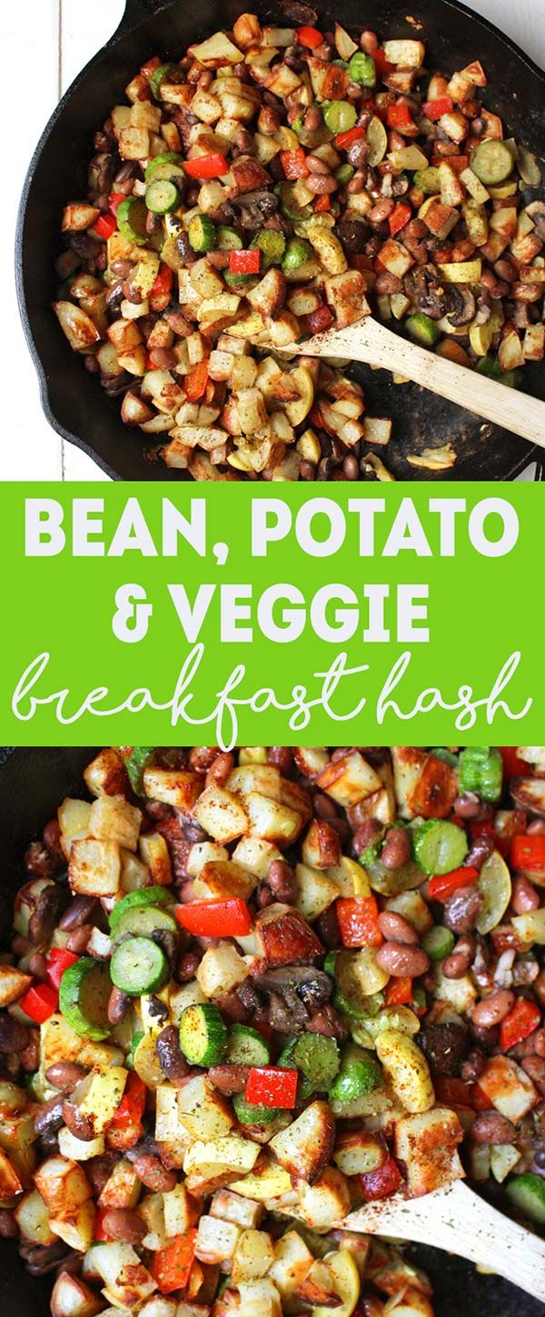 bean, potato and veggie breakfast casserole in a cast iron skillet