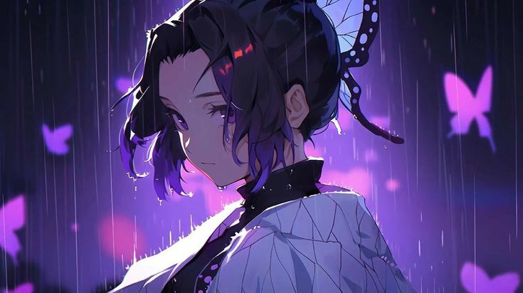 a woman with purple hair and butterfly wings on her head, standing in the rain