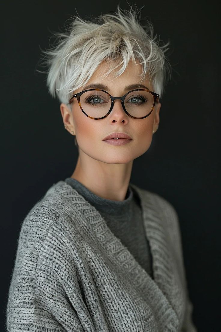 Short Gray Hair With Glasses, Edgy Glasses For Women, Short Hairstyle Women Funky, Short Pixie Gray Hair, White Hair Pixie Cut, Short Hairstyle Women Over 50 Over 50 With Glasses, Bobs With Glasses, How To Style A Short Pixie, Short Gray Hairstyles Over 60