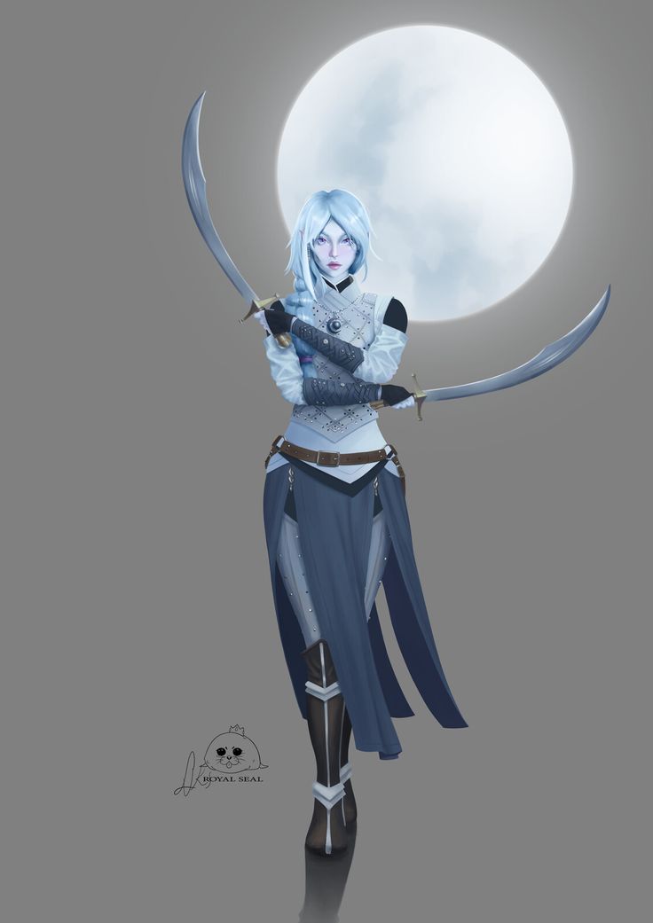 an image of a woman holding two swords in front of the moon with her arms outstretched