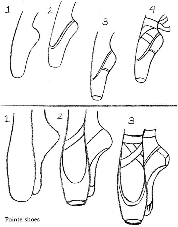 instructions to draw ballet shoes for children